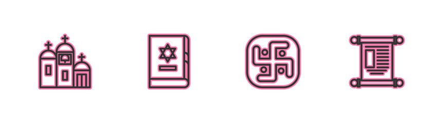 Set line Church building, Jainism, Jewish torah book and Decree, paper, parchment, scroll icon. Vector