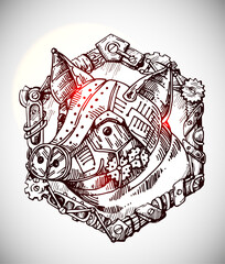 Mechanical pig. Hand drawn vector illustration steampunk style.