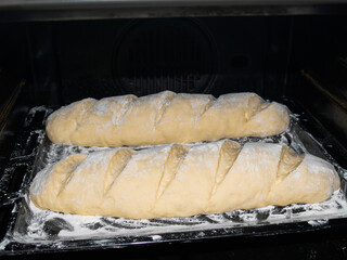 Before baking, the dough lies on a baking sheet sprinkled with flour in the oven.