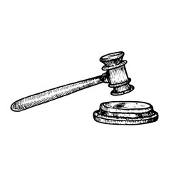 Wooden judge's hammer (gavel) and stand, gravure style hand drawn vector outline illustration