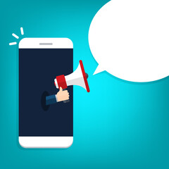 Megaphone reaching out from the smartphone to shout alerts for product promotions.