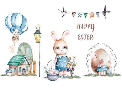 Cute easter bunny, rabbit an easter egg. Hand painting isolated illustration for greeting card. Cute farm animal