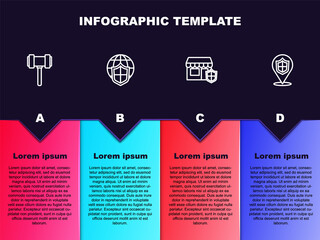 Set line Judge gavel, Shield with world globe, Shopping building shield and Location. Business infographic template. Vector