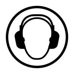 Wear ear protection sign. Vector illustration of circular black and white sign with human head wearing headphones icon inside. Hearing protection symbol isolated on white background. Caution noise.