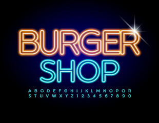 Vector glowing logo Burger Shop. Creative electric Font. Blue Neon Alphabet Letters and Numbers set