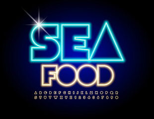 Vector trendy sign Sea Food. Creative Neon Font. Yellow Glowing Alphabet Letters and Numbers set