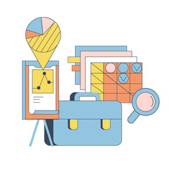 Set of analytical illustration elements rollup, case, magnifier, documents, pie chart. illustration for web page, banner, application