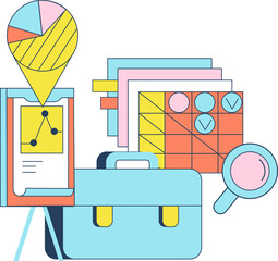 Set of analytical illustration elements rollup, case, magnifier, documents, pie chart. Vector illustration for web page, banner, application
