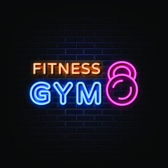 Fitness gym neon logo sign  bright signboard  light banner.