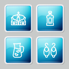 Set line Crown of spain, Orujo, Sangria and Earrings icon. Vector
