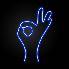 Obraz premium Human hand neon sign, modern glowing banner design, colorful trend of modern design on black background. Vector illustration.