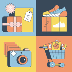 E-commerce set of elements. Online shopping, sales. Shopping bags, basket, sneakers, camera. Modern flat style illustration for banners, websites, apps