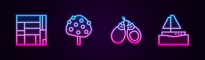 Set line House Edificio Mirador, Orange tree, Castanets and Yacht sailboat. Glowing neon icon. Vector