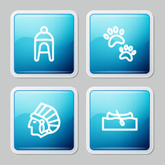 Set line Winter hat, Paw print, Native American Indian and Kayak or canoe icon. Vector