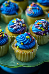 Unicorn mini cupcakes  with blue frosting and colorful sprinkles on green cake stand