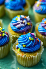 Unicorn mini cupcakes  with blue frosting and colorful sprinkles on green cake stand