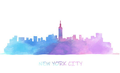 New York City cityscape skyline colorful watercolor style illustration.