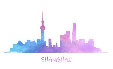 Shanghai cityscape skyline colorful watercolor style illustration.