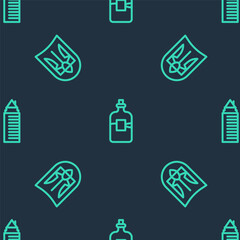 Set line Bottle of vodka, Ukrainian trident and Two towers Dnipro on seamless pattern. Vector