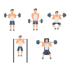 Fototapeta na wymiar Bodybuilder. Exercises with a barbell and on a horizontal bar, vector illustration