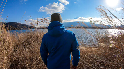 A man walking in between golden grass at the shore of Kawaguchiko Lake, Japan with the view on Mt Fuji. He shovels the grass sideways with his hands. The mountain surrounded by clouds. Adventure