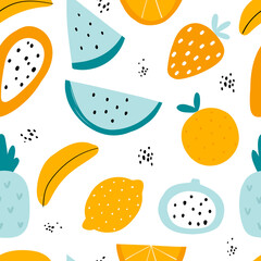 Vector seamless pattern with cute hand-drawn fruits in cartoon style on a white background. Cute and funny texture for kids. Creative kids texture for fabric, wrapping, textile,wallpaper,apparel.
