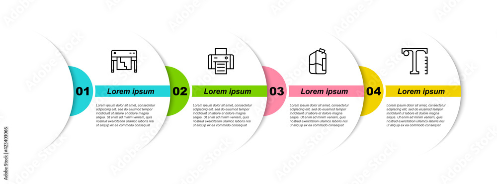 Fototapete set line plotter, printer, ink bottle and text. business infographic template. vector