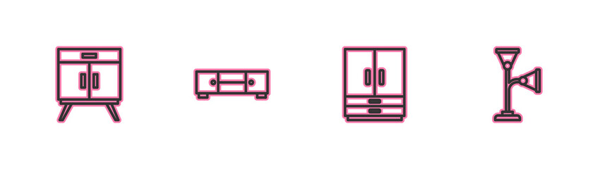 Set line Chest of drawers, Wardrobe, and Floor lamp icon. Vector