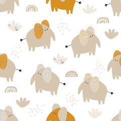 Vector hand-drawn colored childish seamless repeating simple flat pattern with cute elephants, rainbows and plants in Scandinavian style on a white background. Cute baby animals. Pattern for kids.