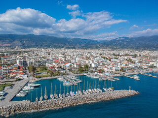 Idyllic landscape above Kalamata's Marina at sunset. Aerial photo of Kalamata city, Messenia,...
