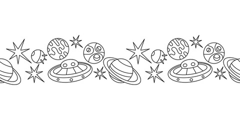 Seamless border. The universe, the cosmos. Doodles of planets, stars, spaceships, and satellites.