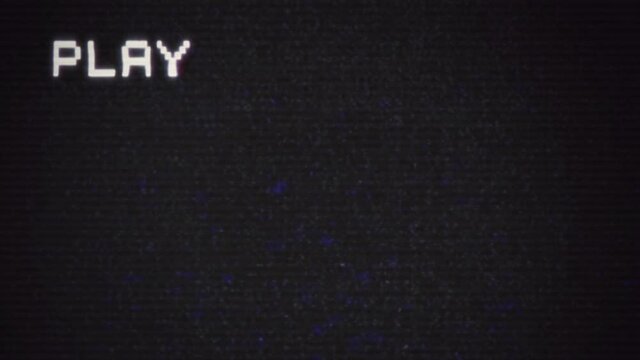 An old damaged VHS tape, full of noise, artifacts, scan lines and a vignette, with the texts Play, FF (fast forward), REW (rewind). Vintage retro texture.
