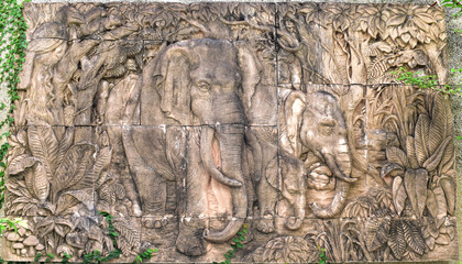 Closeup of Thai Stucco Art on the walls for decoration in Thailand.