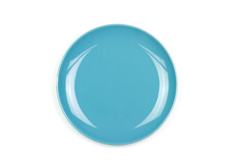 Blue empty plate isolated on white background, Top view. Plate made of ceramic. Exquisite tableware.