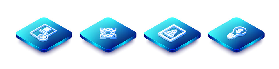 Set Isometric line Job promotion, Project team base, Startup project concept and Light bulb with dollar icon. Vector