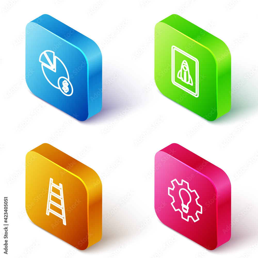 Poster set isometric line pie chart and dollar, startup project concept, stair with finish flag and light b