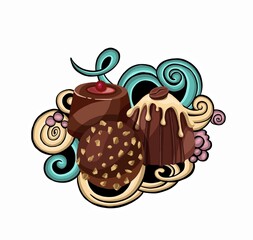 Watercolor set of dessert. Chocolate, candy and cake.