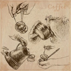 Coffee harvesting and processing. Agriculture. An hand drawn vector illustration. - 423405237