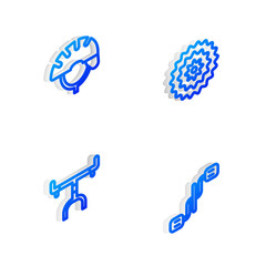 Set Isometric line Bicycle cassette, helmet, handlebar and pedals icon. Vector