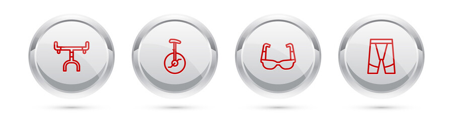 Set line Bicycle handlebar, Unicycle or one wheel bicycle, Sport cycling sunglasses and Cycling shorts. Silver circle button. Vector © vector_v