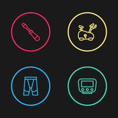 Set line Cycling shorts, Bicycle speedometer, Stationary bicycle and Screwdriver icon. Vector