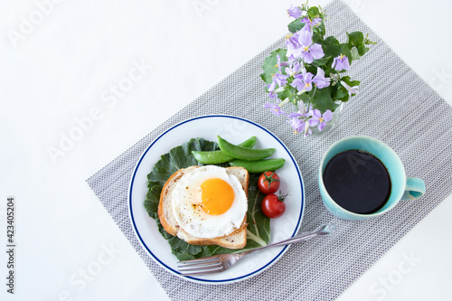 目玉焼きのオープンサンドイッチ ケール ミニトマト エンドウ とコーヒーとハナダイコンの Wall Mural Hanaphoto