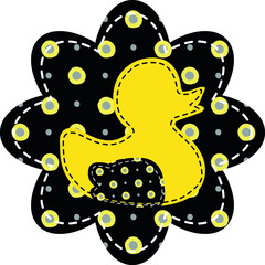 silhouette of a duck for washing sewn with black thread with a black wing on a black flower decorated with a polka dot pattern in patchwork