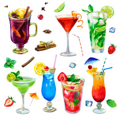 Watercolor illustration of cocktails, mulled wine, margarita, cosmopolitan, mojito. Watercolor drawing. Alcoholic drinks, cocktails.