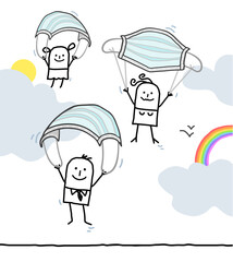 Cartoon Family Floating in the Air with Masks, after the Covid Storm