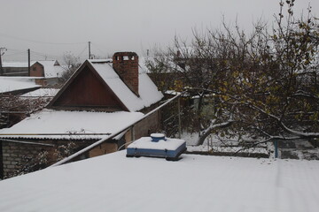 Snow covered roofs of houses