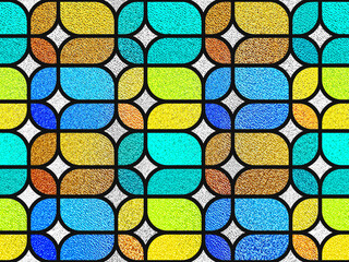 Seamless pattern for stained glass. Sketch of a colored stained glass window. Geometric background. Optical illusions. Color Op Art. Transparent multicolor glass. Rectangles. Colored glass texture.