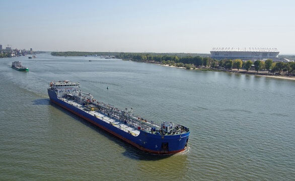 Passage of tankers with oil products along the Don River through Rostov-on-Don, Russia