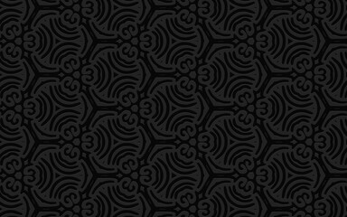 Geometric 3D convex volumetric abstraction. Black background of simple patterns, curls and lines for presentations, wallpaper. Ethnic embossed texture. 