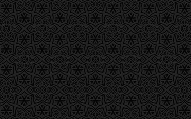 Geometric 3D convex volumetric abstraction. Black background of simple patterns, flowers, curls and lines for presentations, wallpapers, websites. Ethnic embossed texture.
